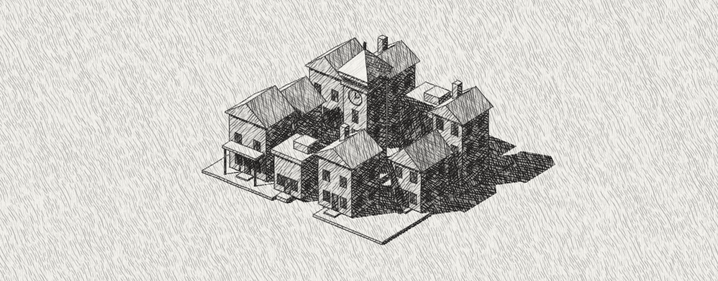 Nested graphite shading on a small architectural city